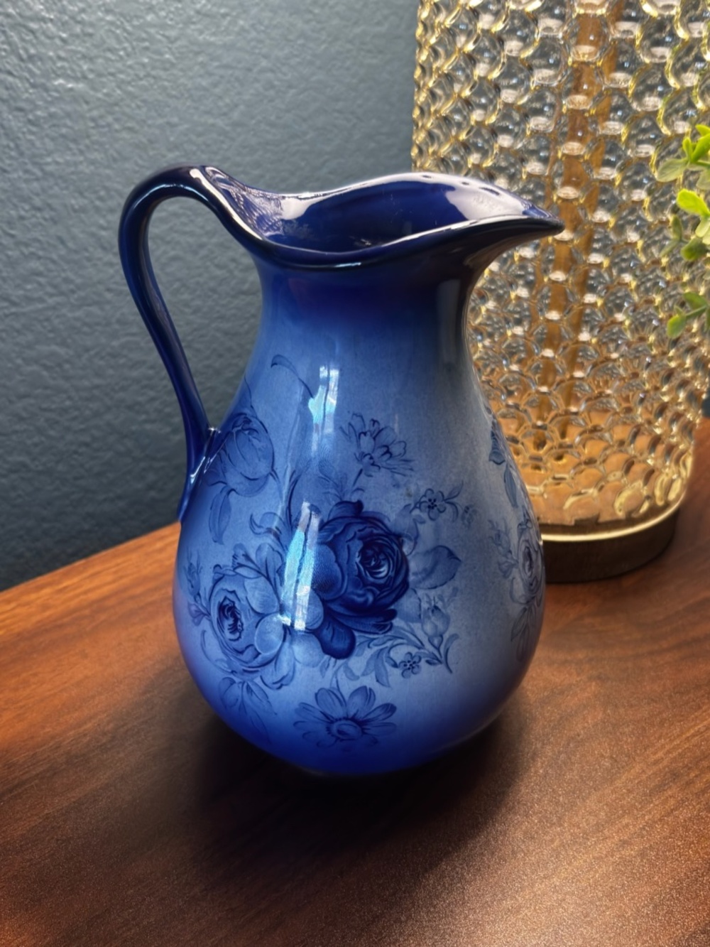 Vintage Blue Floral Staffordshire Pitcher 7.5"